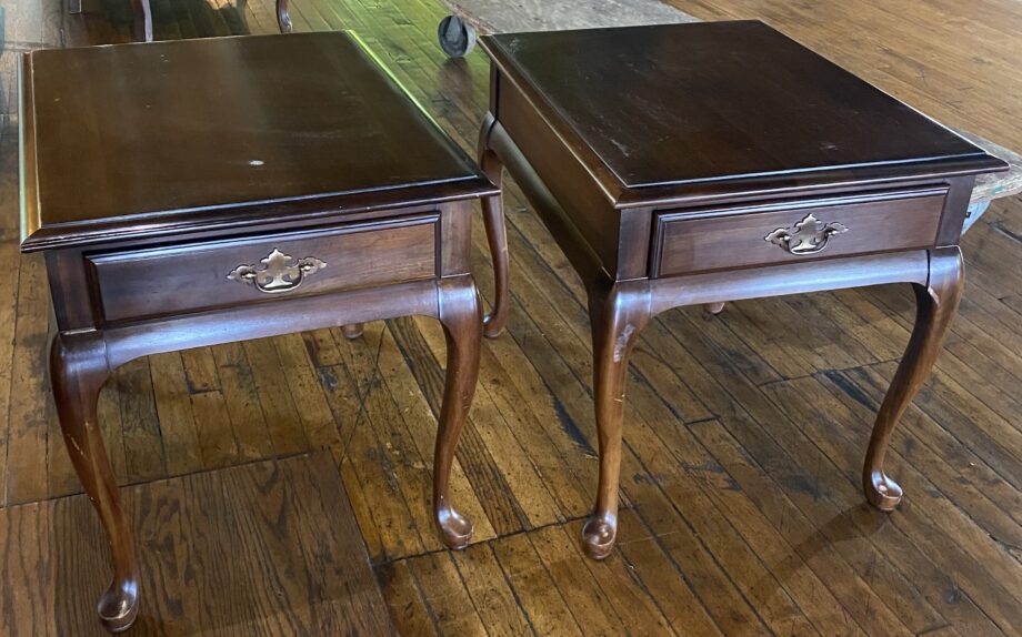 PAIR Dark Wood Side Table w Drawer and Brass Pulls