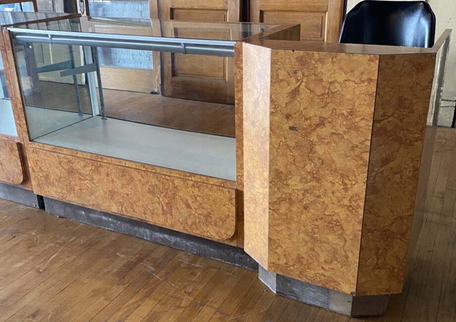 Burled Veneer Glass Display Case w Register Stand