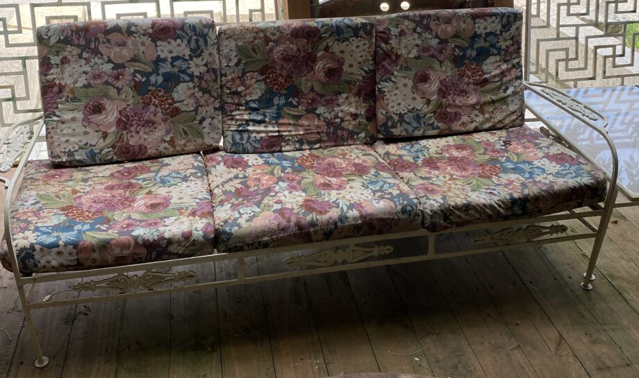 White Iron Outdoor Couch w Floral Cushions