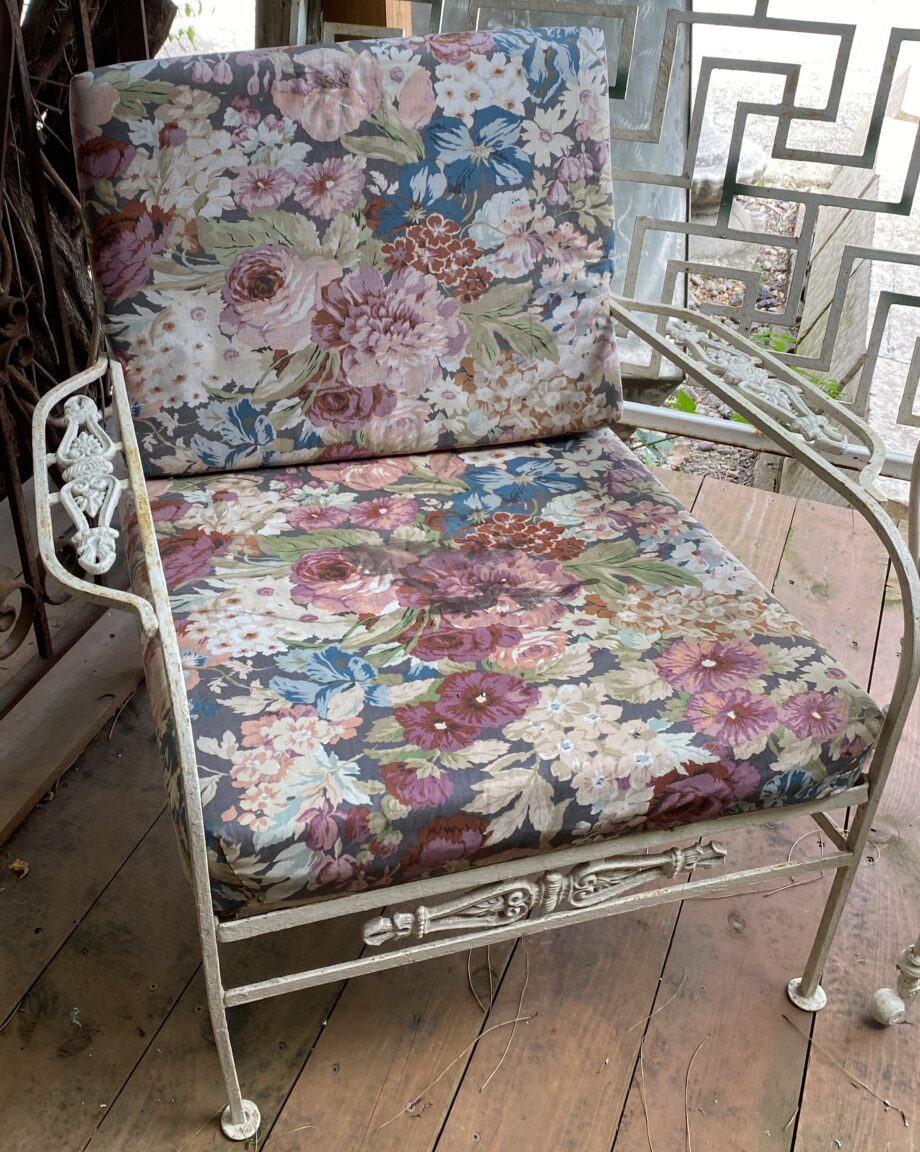 White Iron Outdoor Chair w Floral Cushion