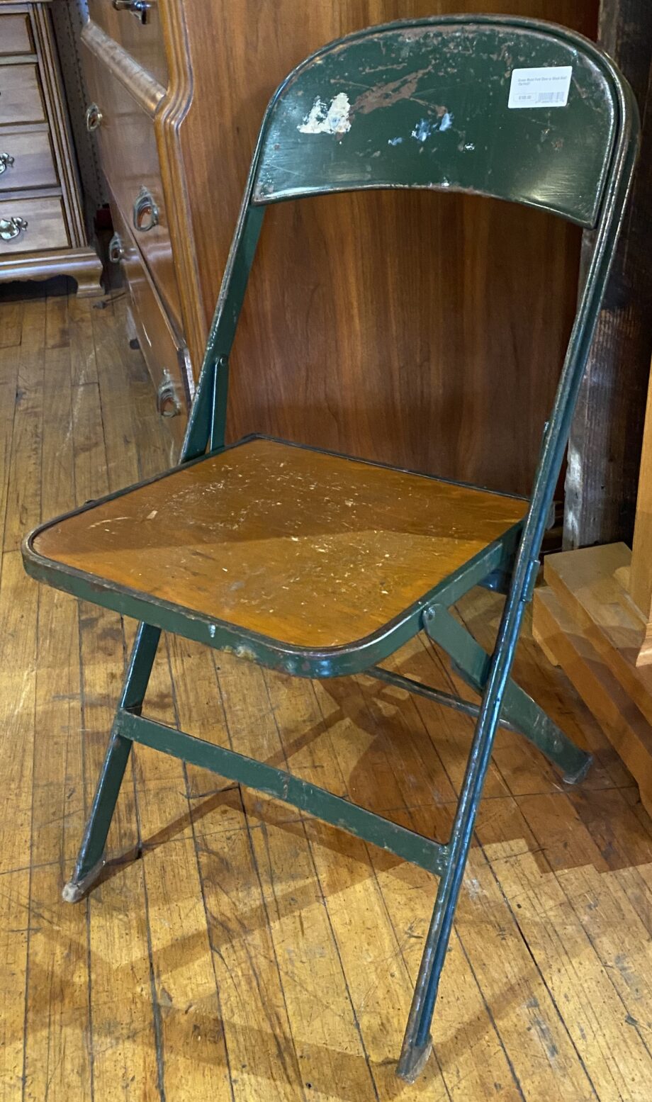 Green Metal Folding Chair w Wood Seat