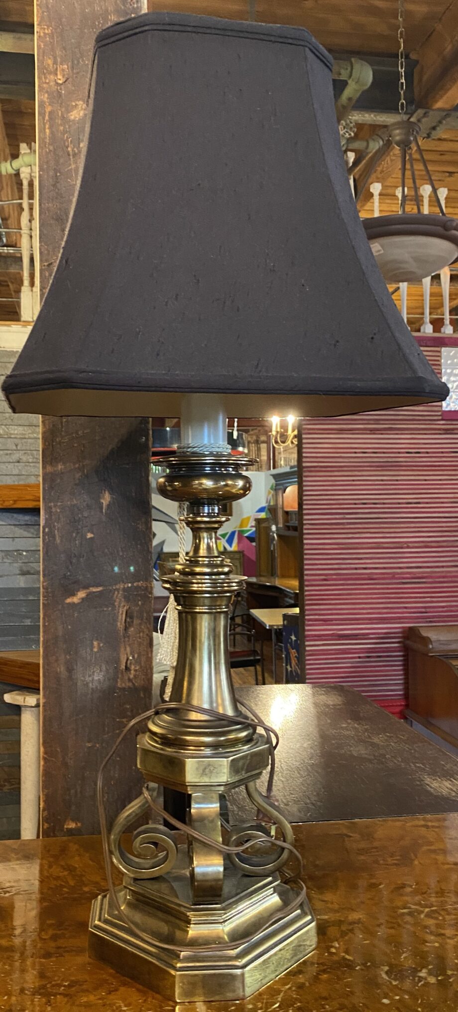 Heavy Brass Table Lamp w Black Shade