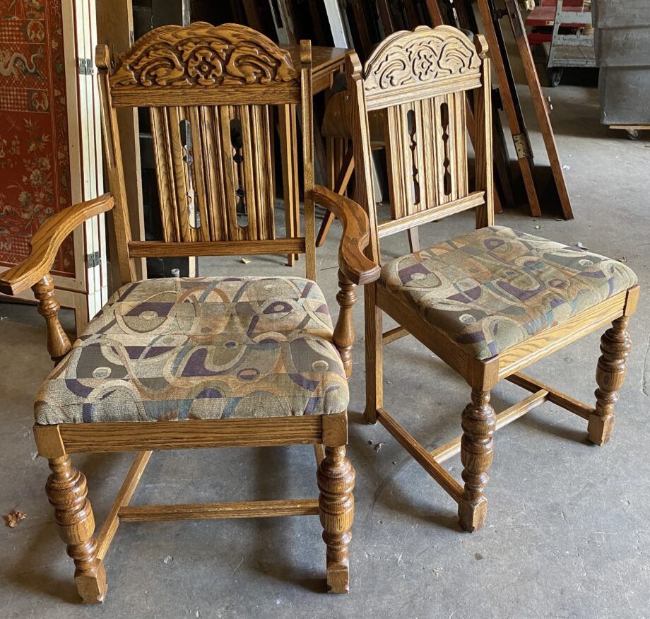 Carved Wood Twist Chair Pair w Cushion