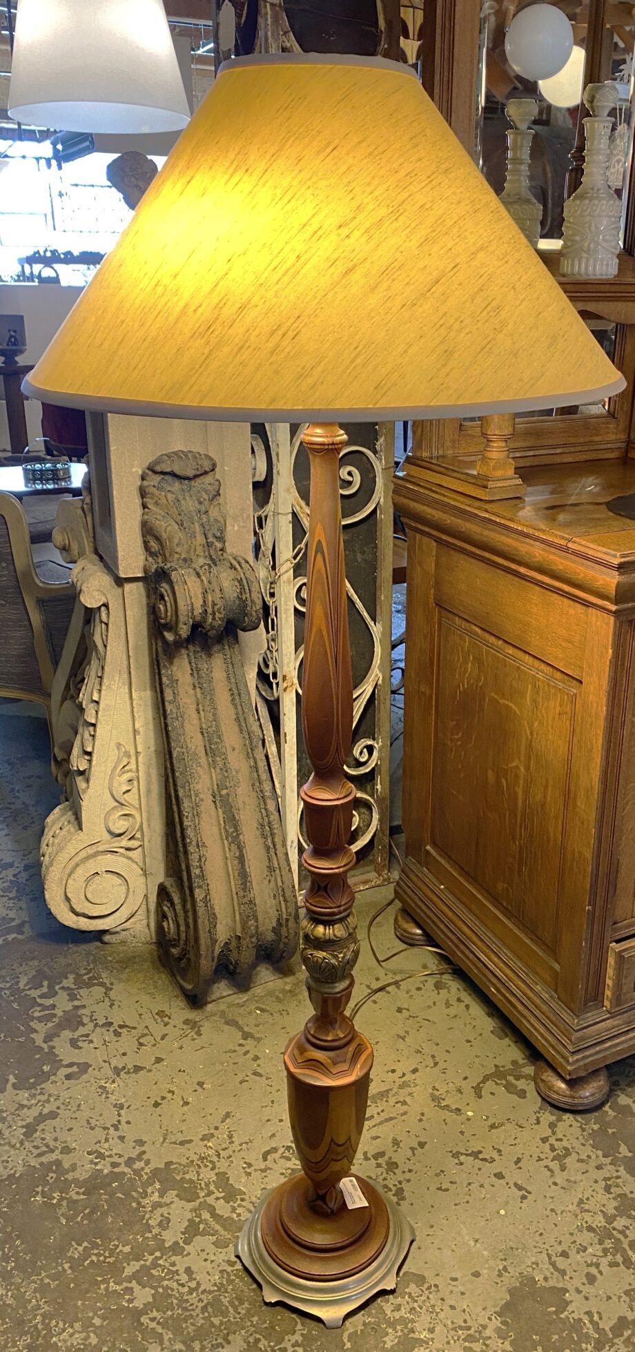 Hand Carved Wood Floor Lamp w Inlays