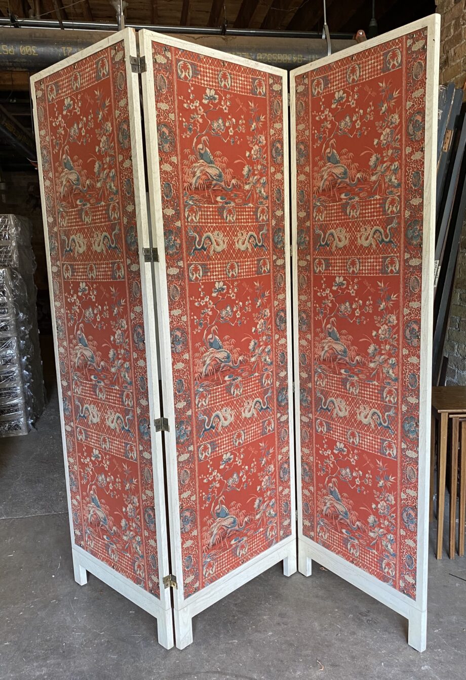 3 Panel Screen w Red Decorative Fabric