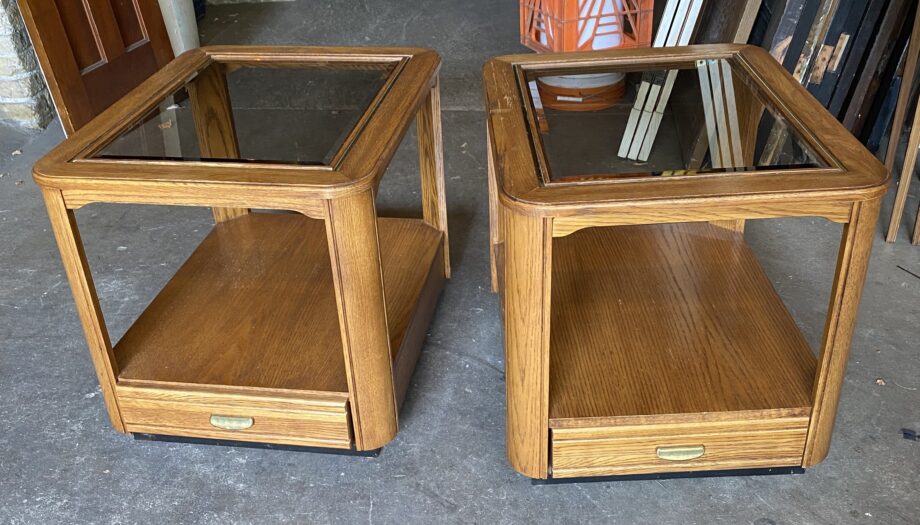 Smokey Glass Top Rounded Edge Side Table w Drawer