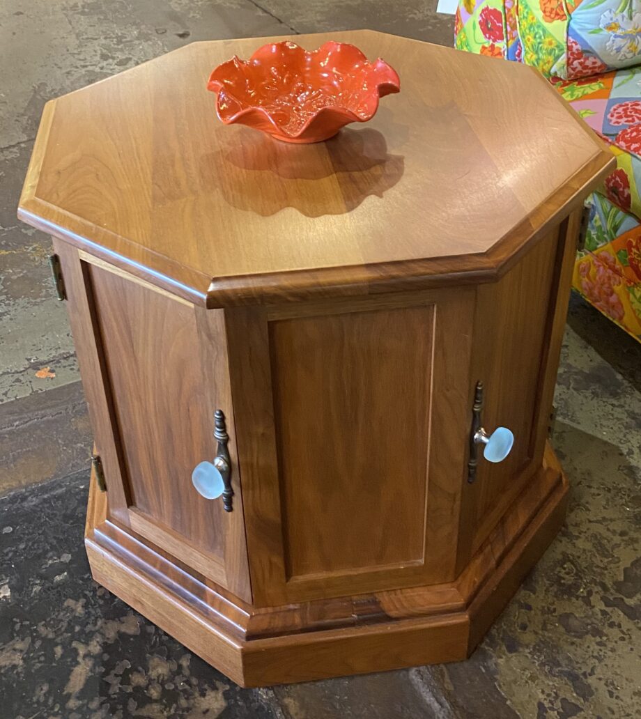 Octagonal Wooden Side Table w 2 Doors and Glass Knobs