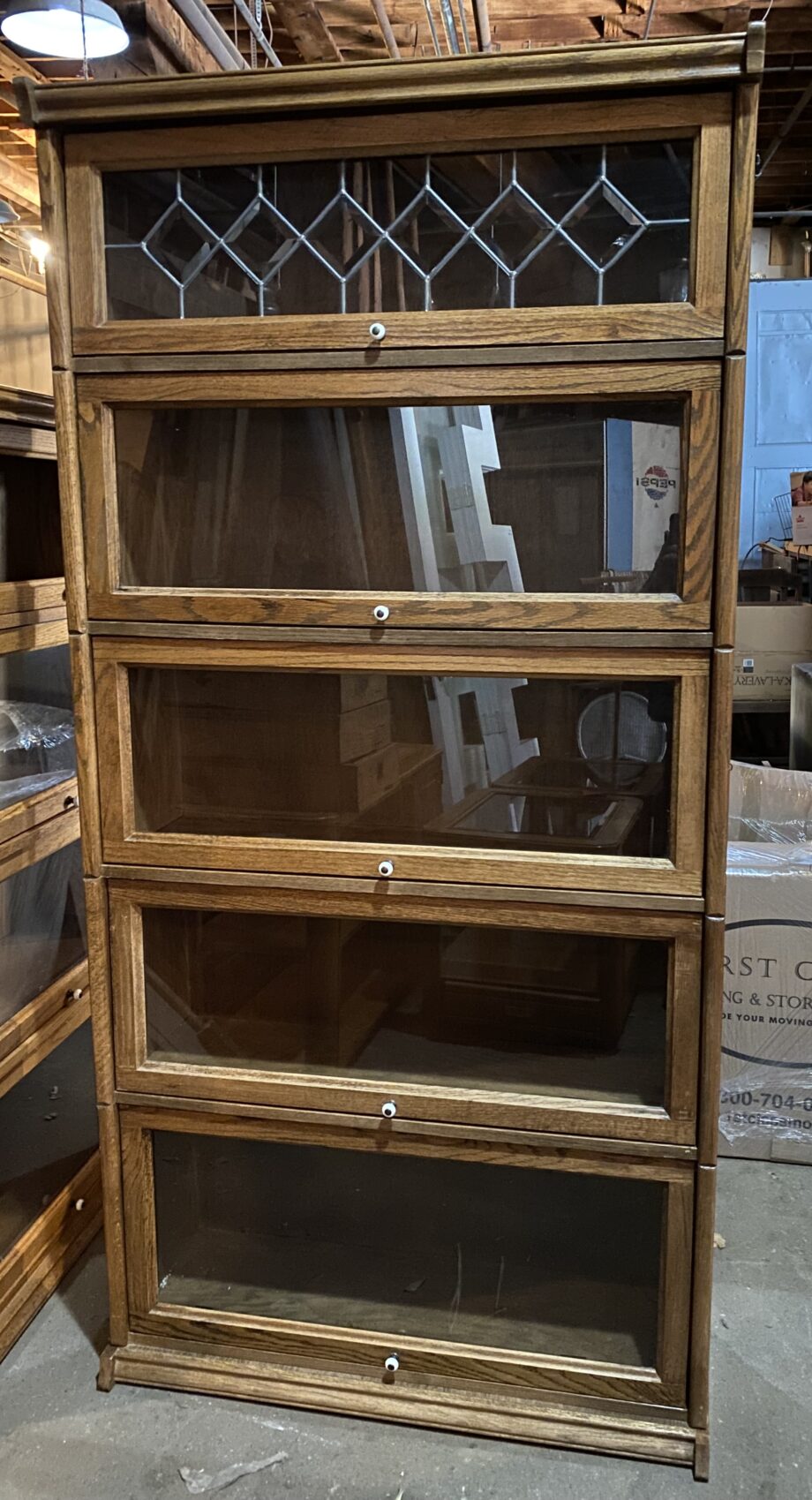 5 Shelf Glass Front Barrister Bookcase w Leaded Glass