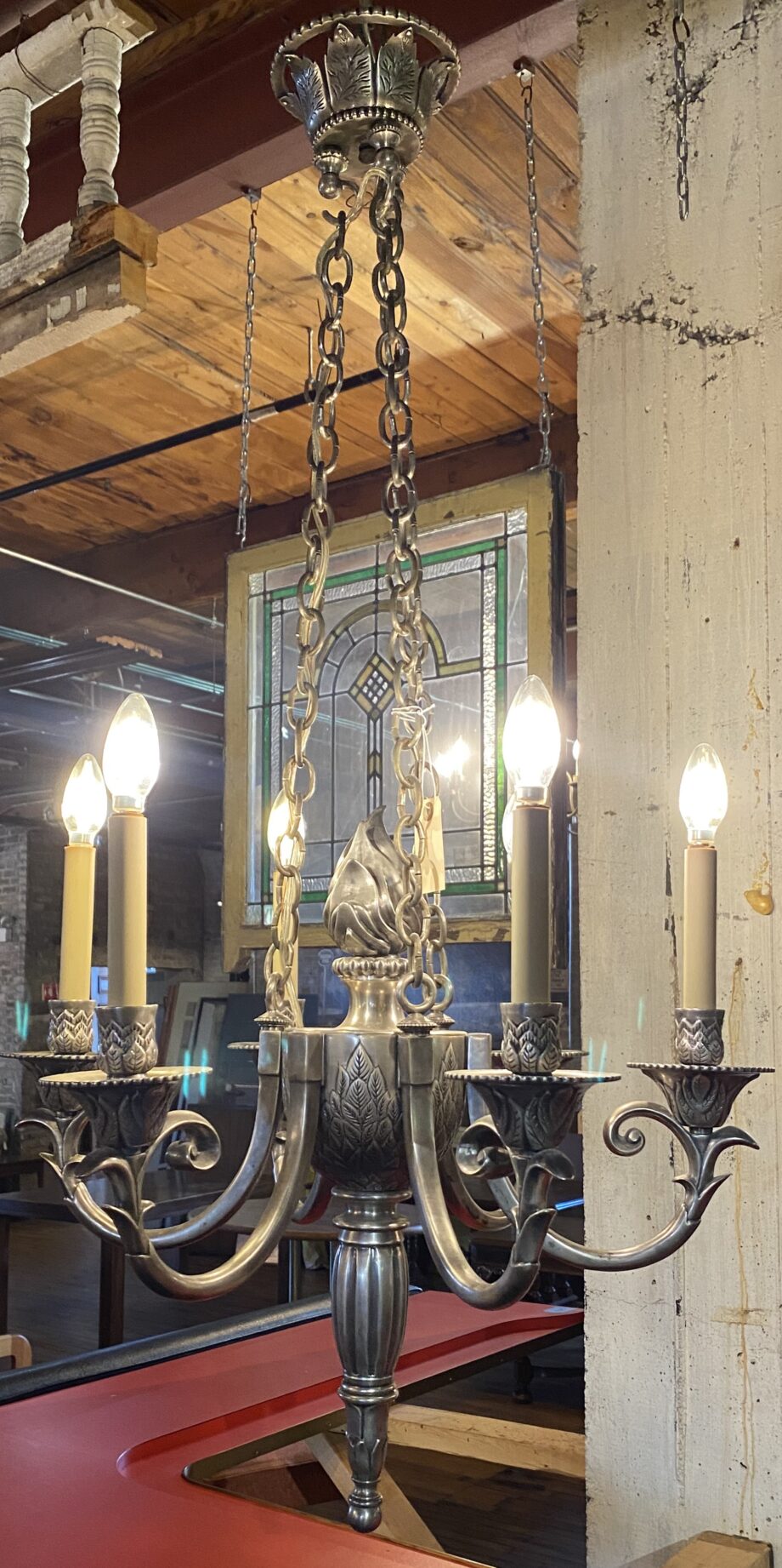 6 Light Pewter Chandelier w Leaf Pattern