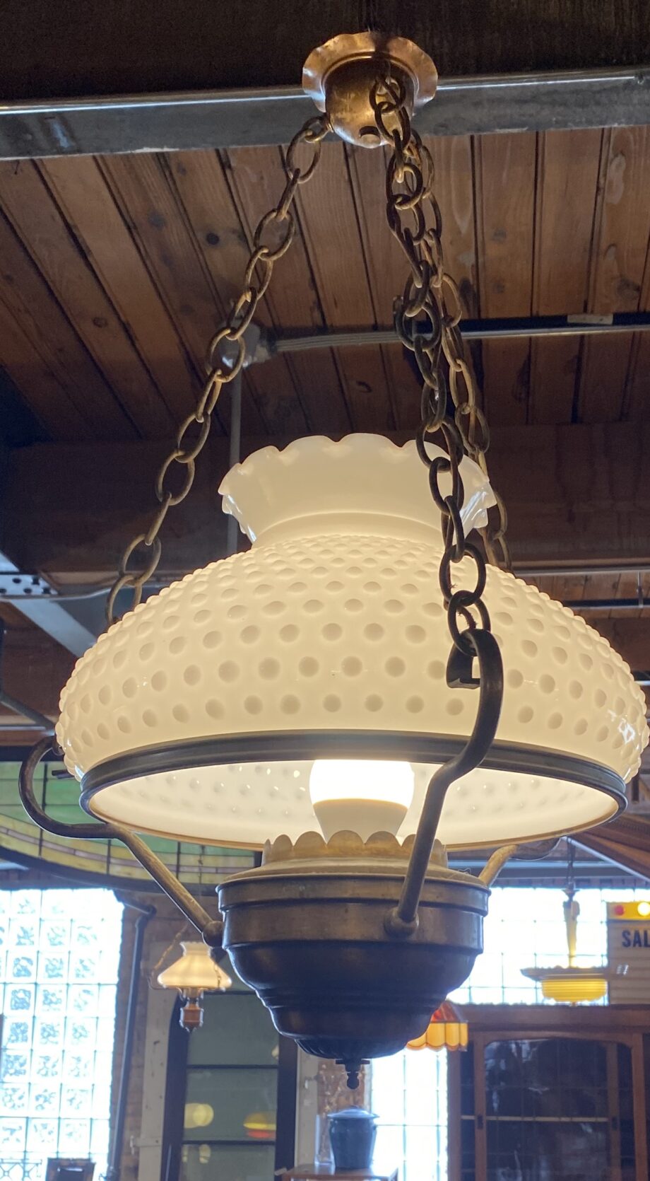 Hanging Milk Glass Brass Base Restaurant Light