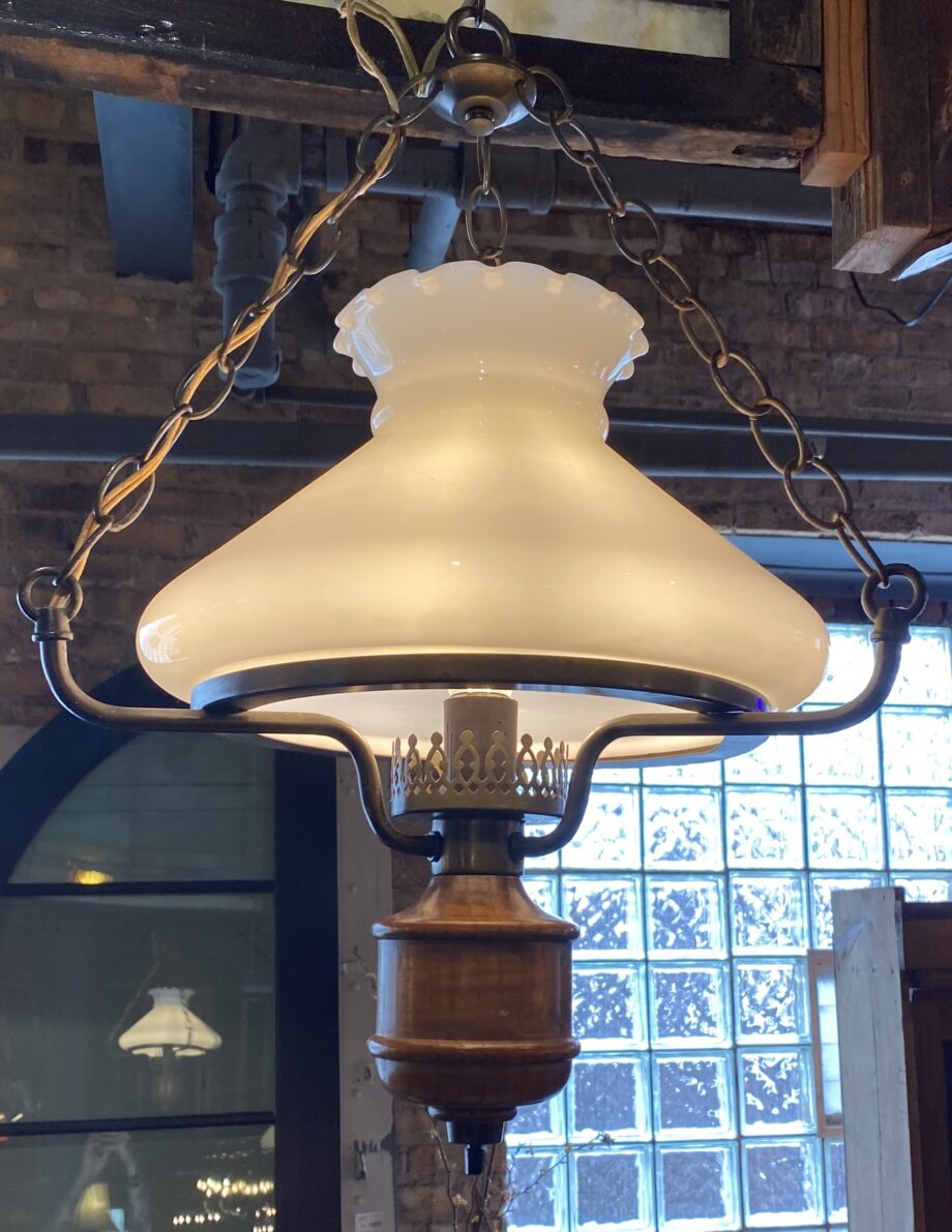 Hanging Milk Glass w Wood and Brass Base