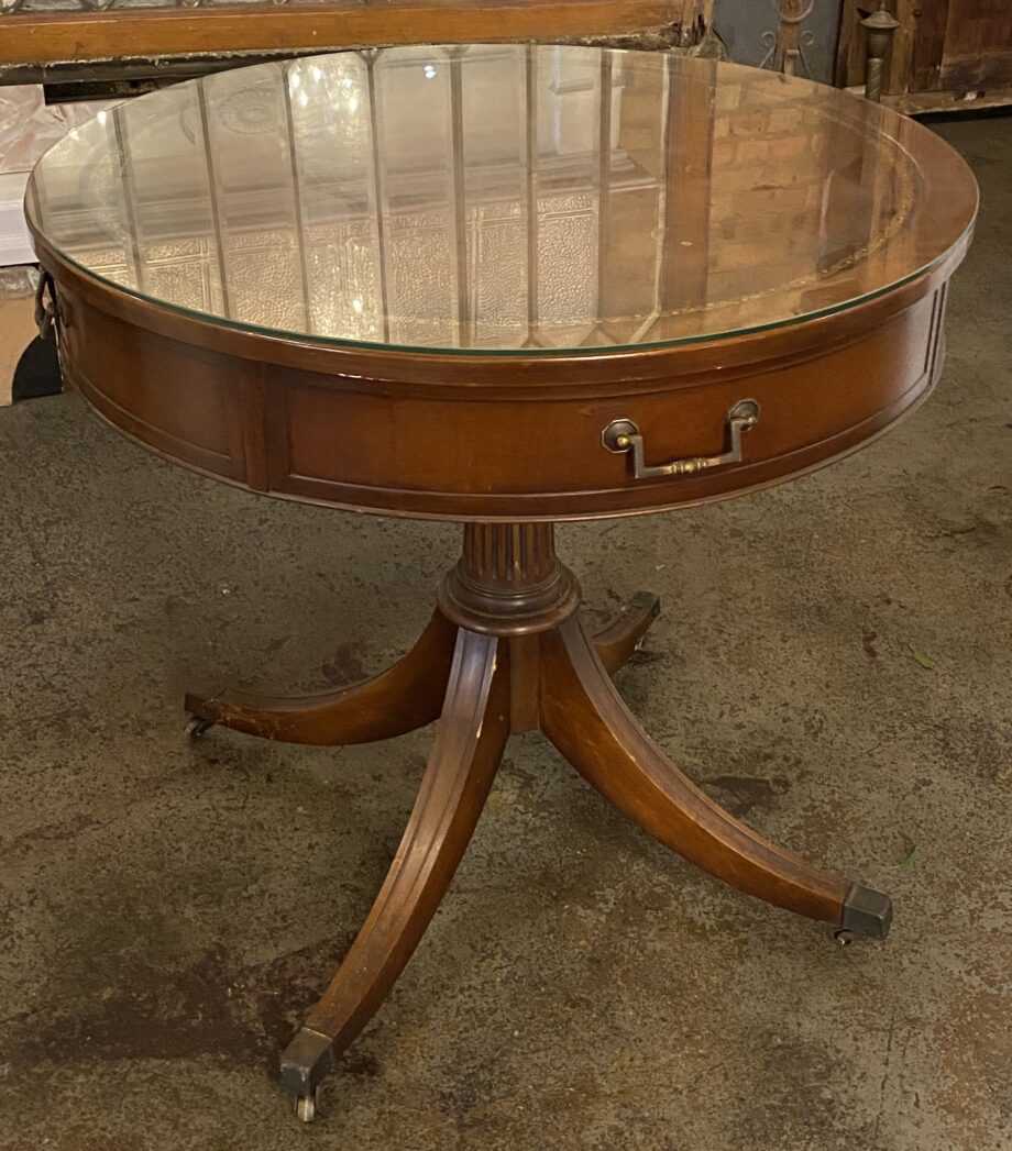 Drum Table w Glass Top and 1 Drawer