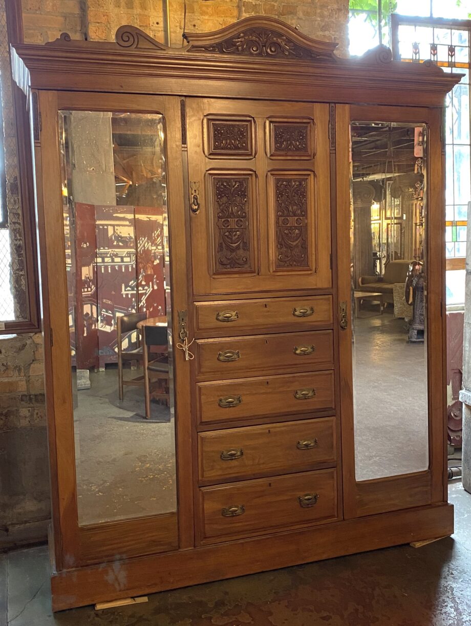 3 Piece Wardrobe w Mirrors and Carved Door