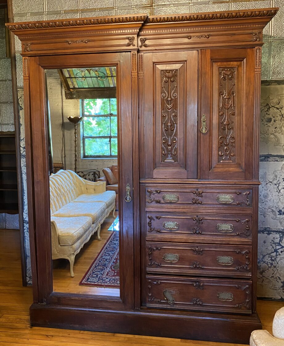 Large Carved Wooden Wardrobe w Mirror Door