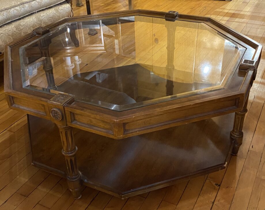 Octagonal Coffee Table w Carved Wood Flowers and Glass Top