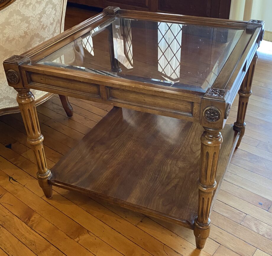 Square Wooden Side Table w Carved Wood Flower