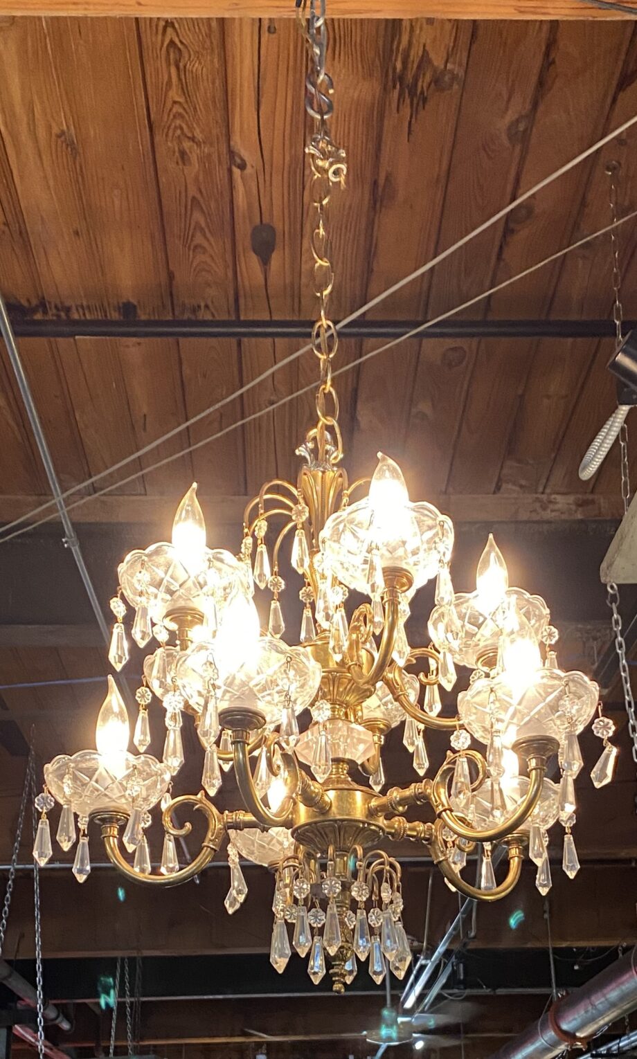 10 Light Brass Chandelier w Glass Cups and Prisms