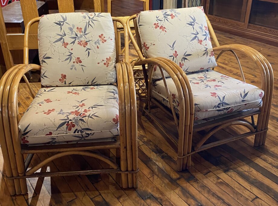 Rattan Chair w Ivory Floral Cushions