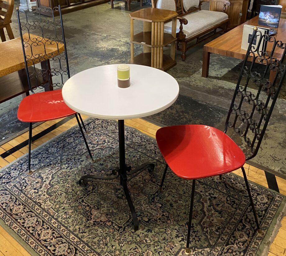 Iron Base Cafe Table w 2 Scroll Iron Chairs and Red Seats