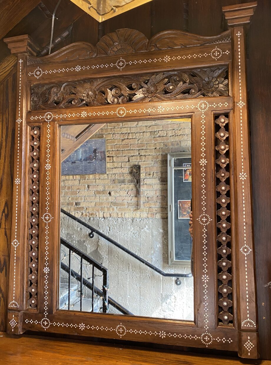 Eastlake Carved Wood w Stone Inlay Mirror