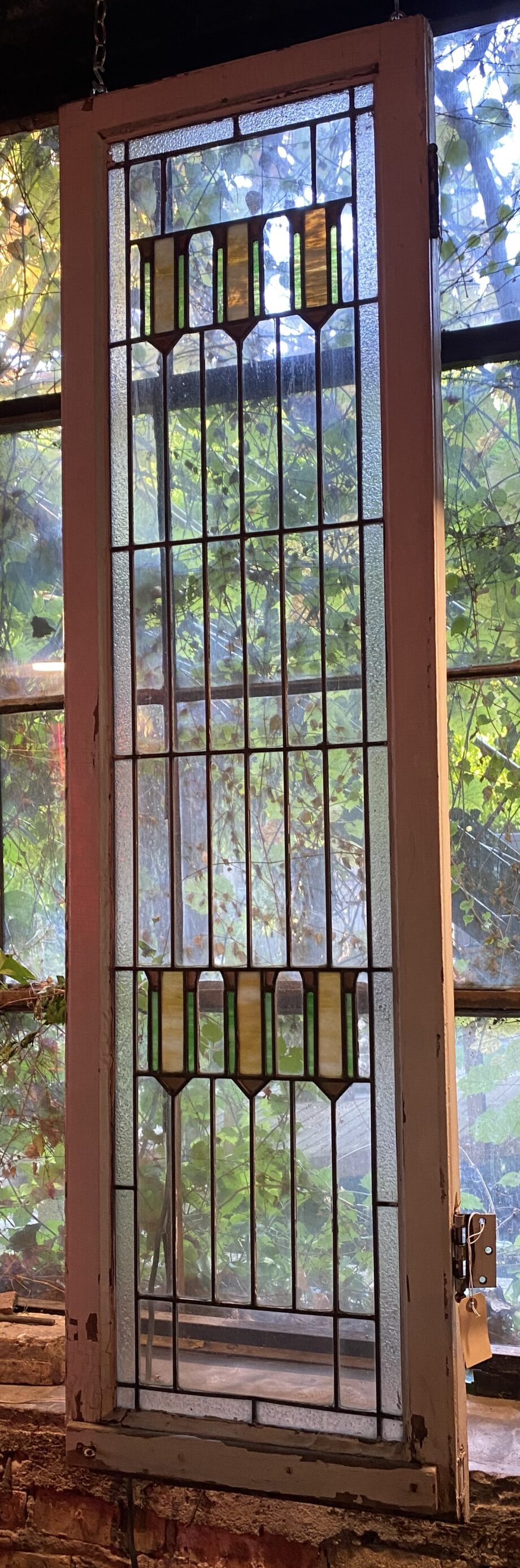 Praire Style Transom Leaded Glass w Green and Cream Stained Glass Accents