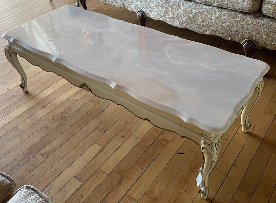 Cream Colored Wood Carved Marble Top Coffee Table