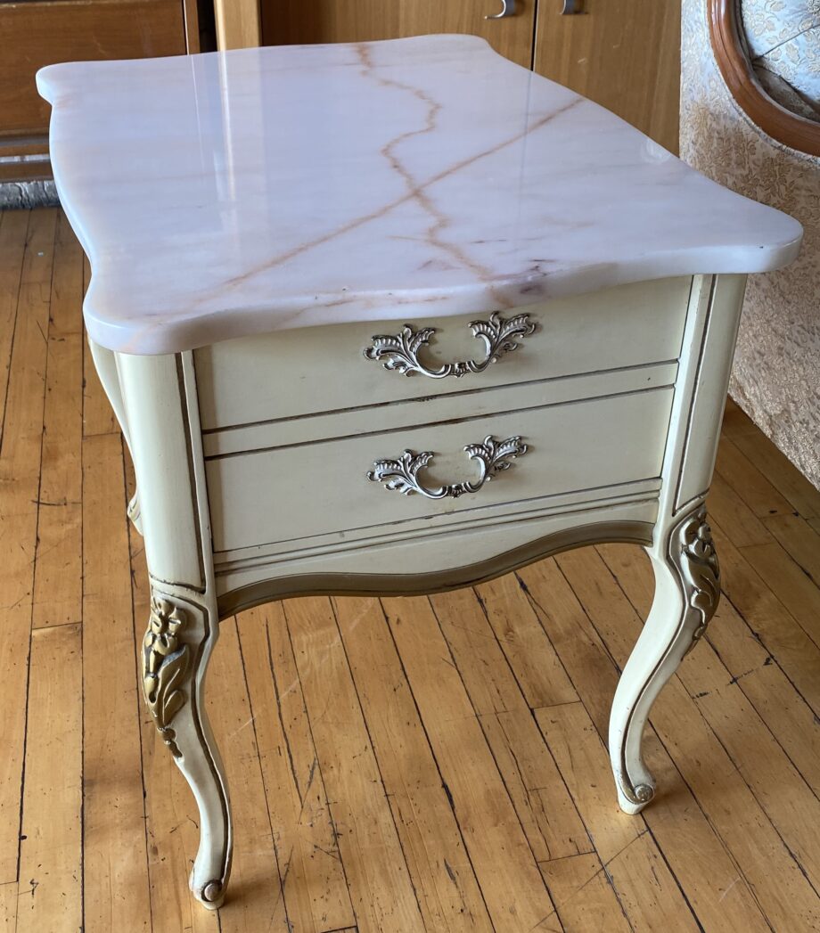 Cream Wood Carved Marble Top End Table