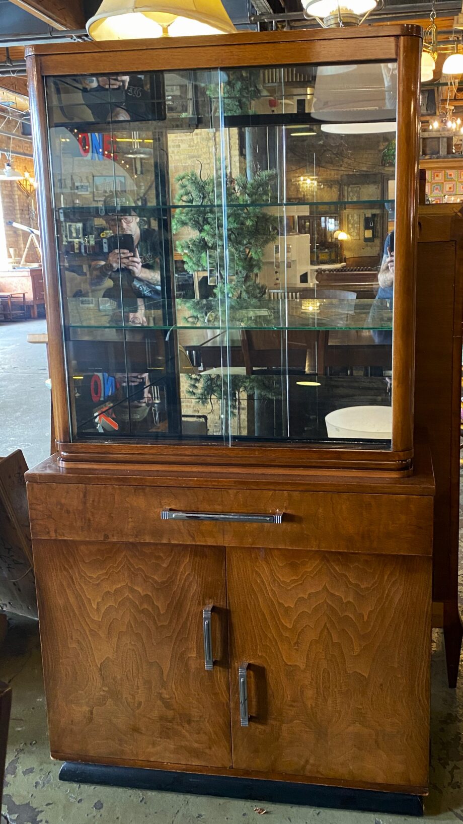 Art Deco Narrow Hutch w Mirror Top and Glass Doors