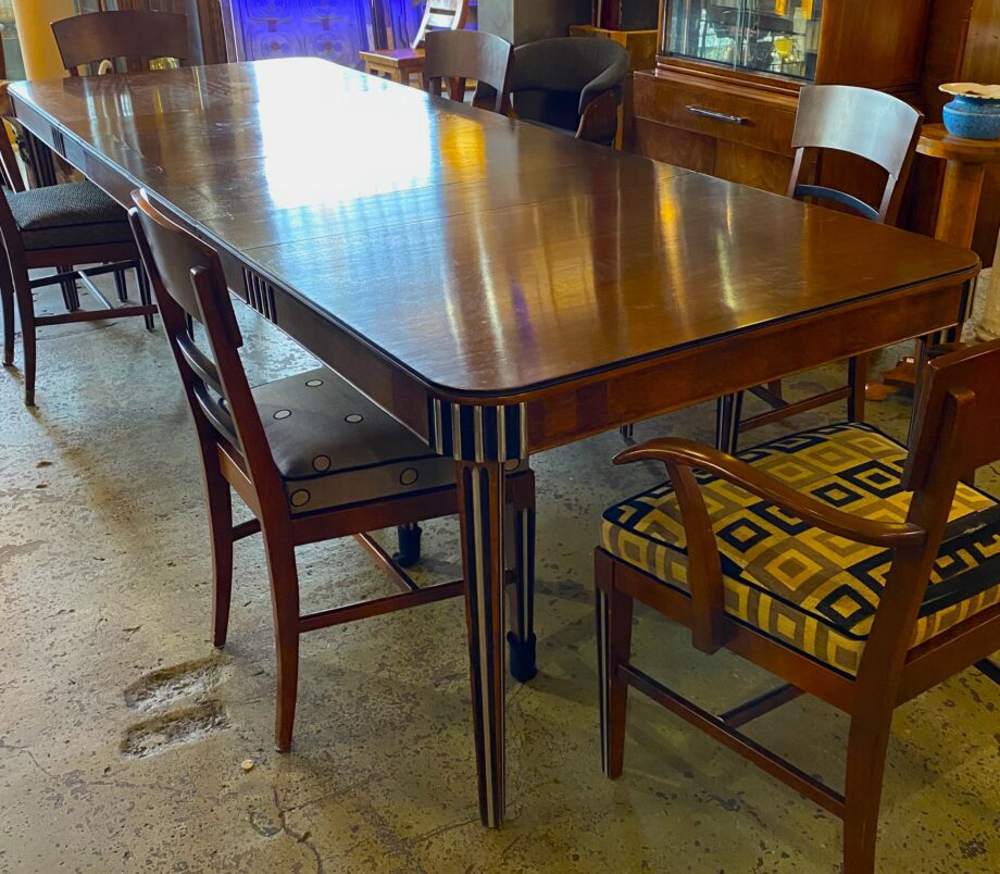 Art Deco Dining Table w Metal Accents and 6 Leaves