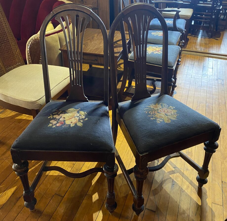 Dark Wood Dining Chair w Blue and Floral Embroidered Seat