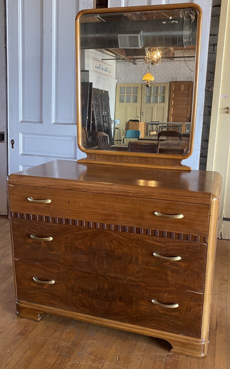 MCM Low Boy Dresser w Burled Drawers and Mirror