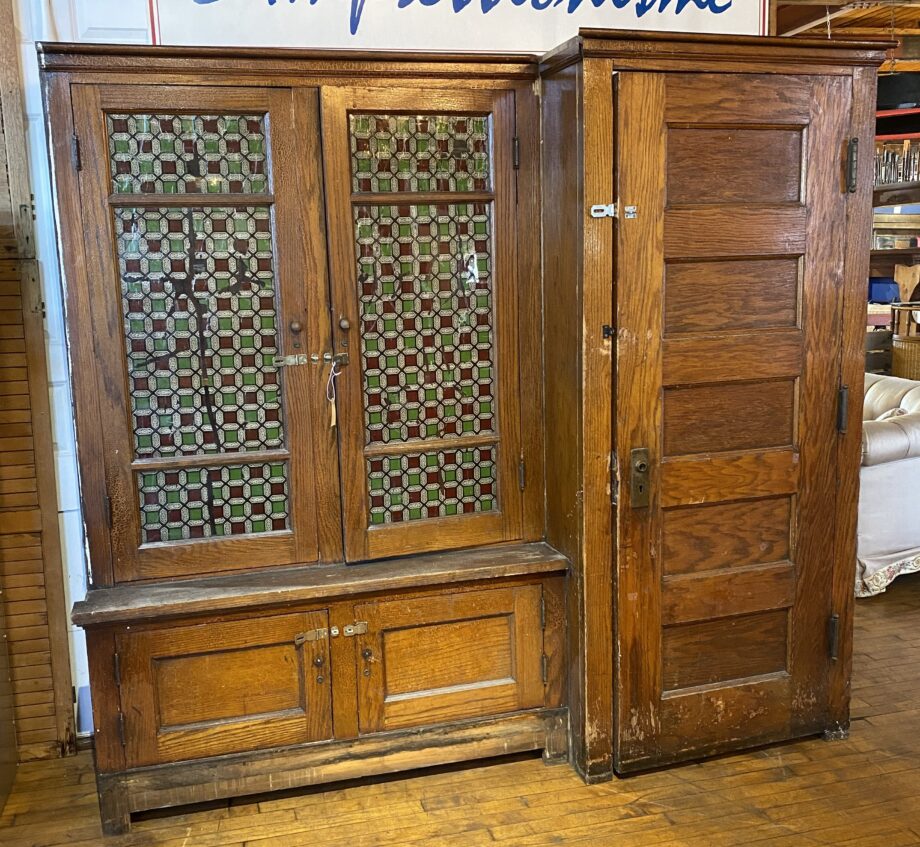 Antique Wood School Cubby w Glass Doors and Closet