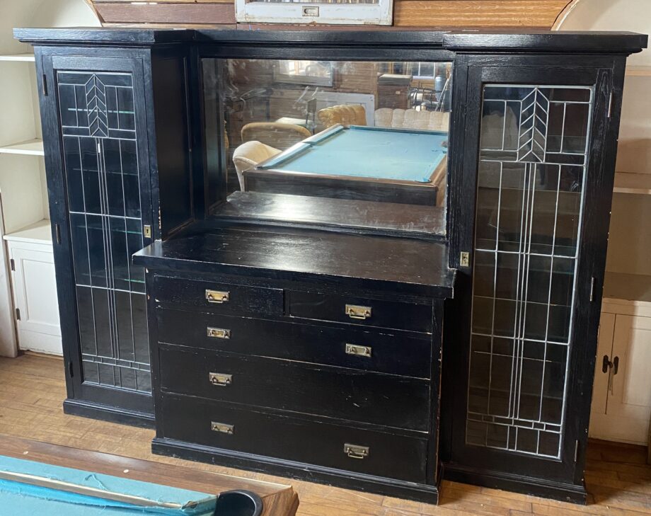 Black 1920s Built in w Leaded Glass Doors and Mirror