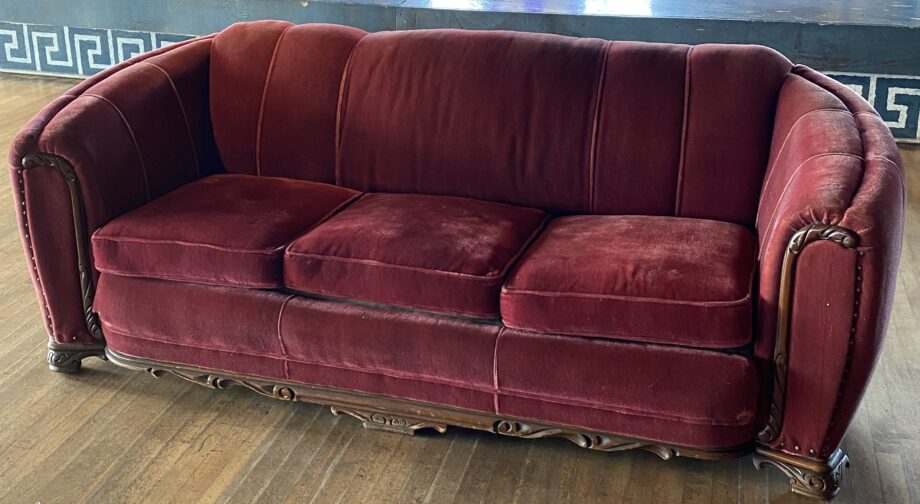 Maroon Velvet Couch w Carved Wood Accents