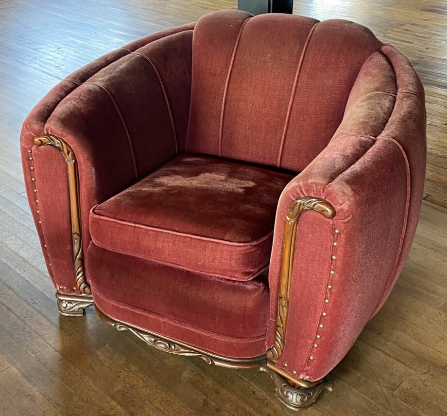 Maroon Velvet Chair w Carved Wood Accents