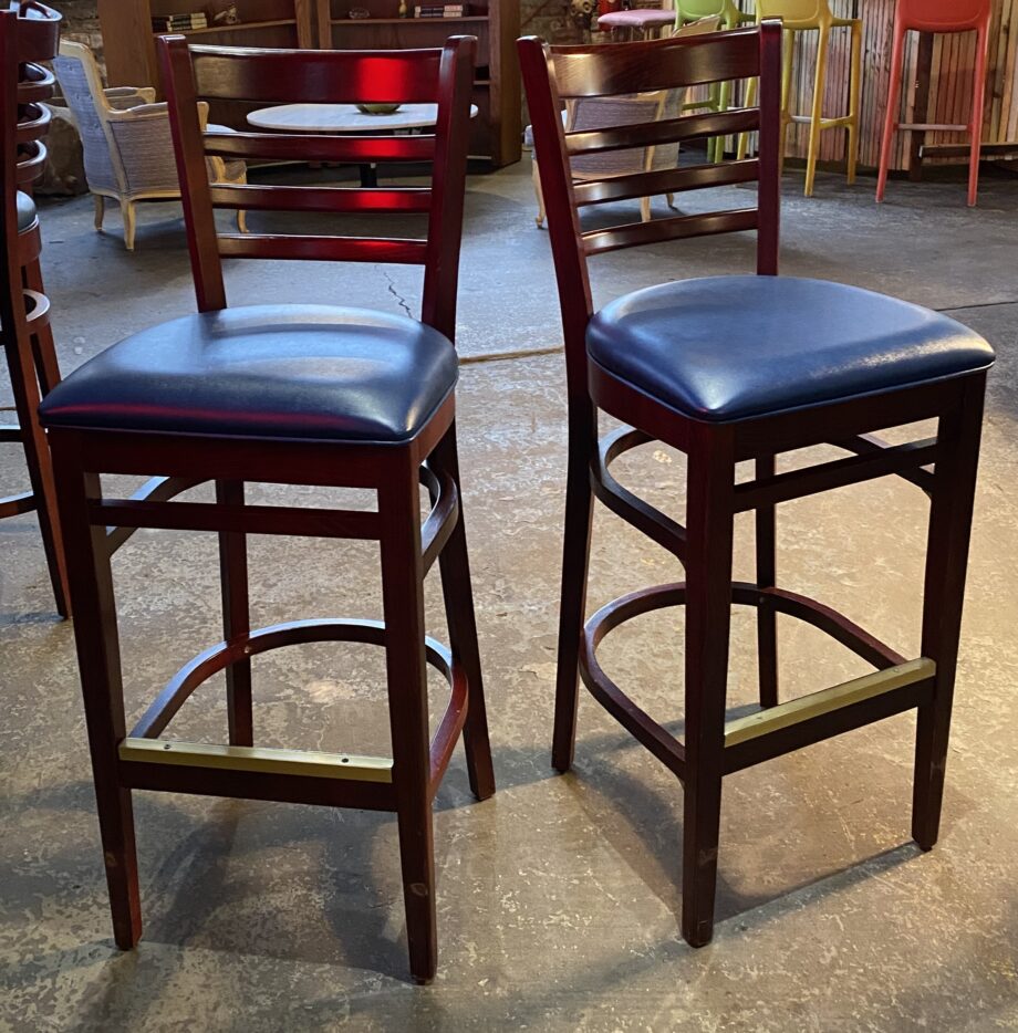 3 Rung Dark Wood Bar Stool w Blue Seat