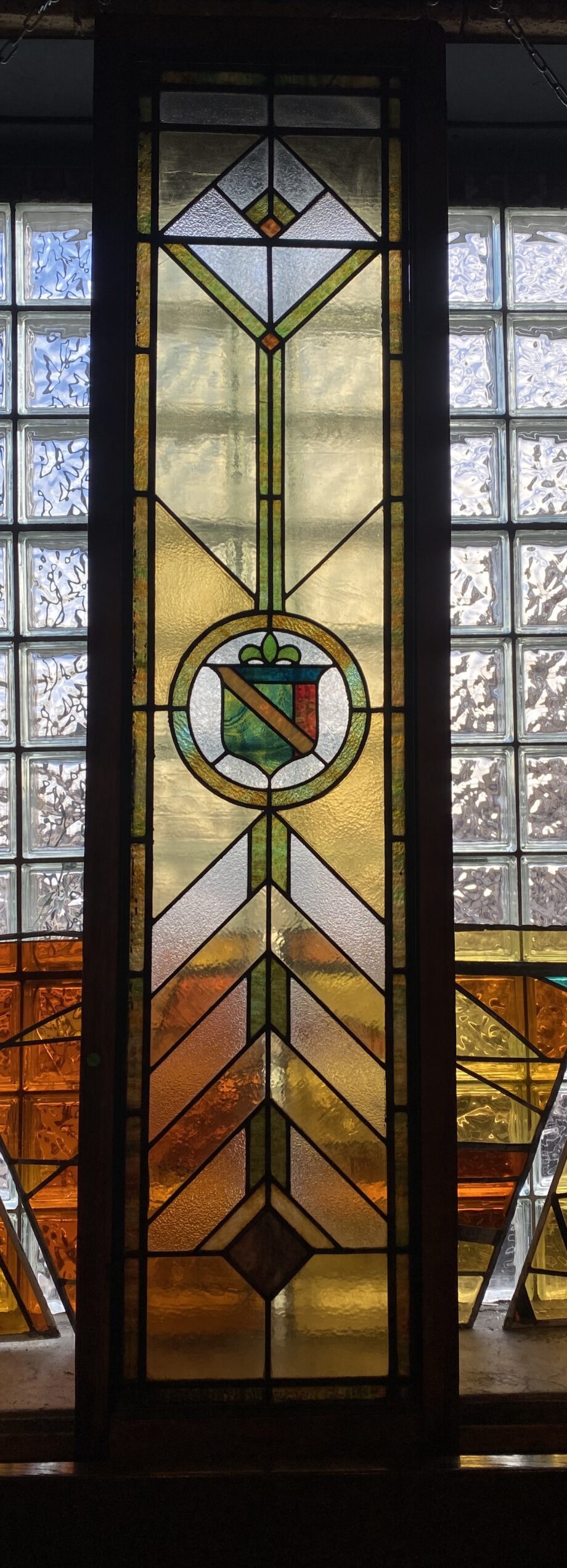 Large Transom Yellow Green and Brown Stained Glass w Center Crest