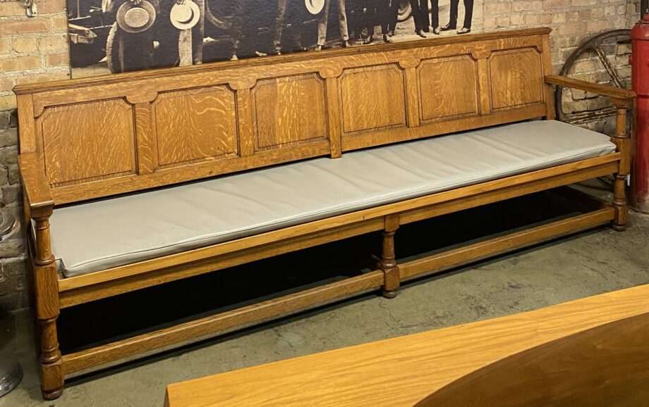 Long Carved Wood Hall Bench w Blue Vinyl Seat