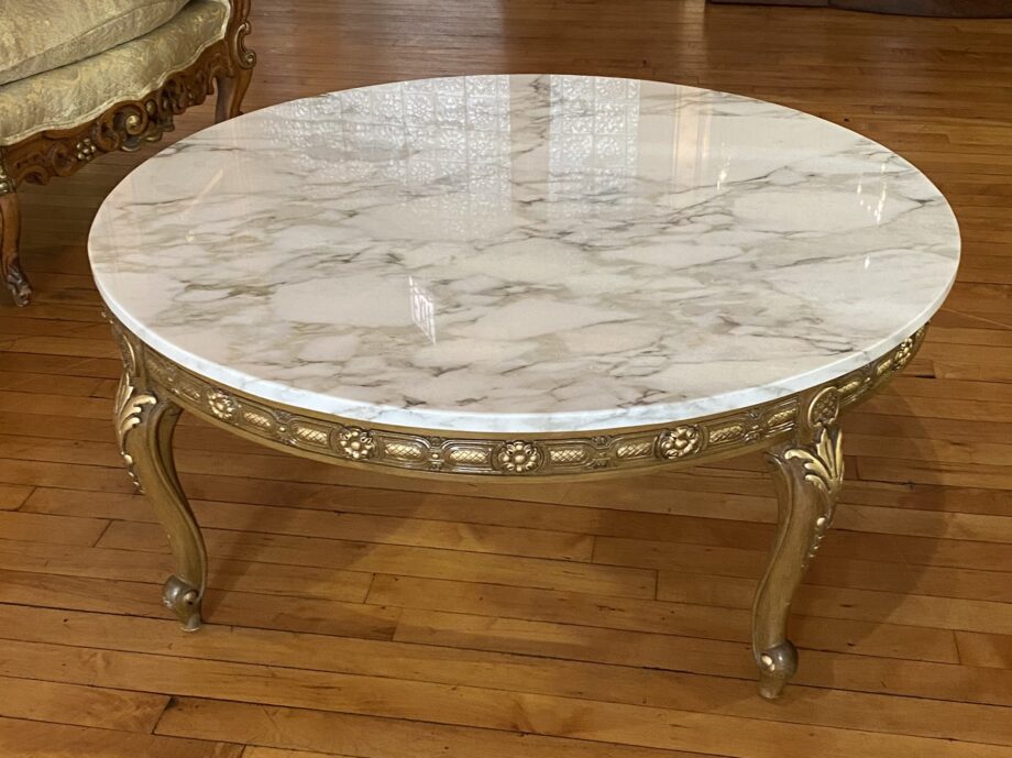 Marble Top Carved Wood and Painted Round Coffee Table