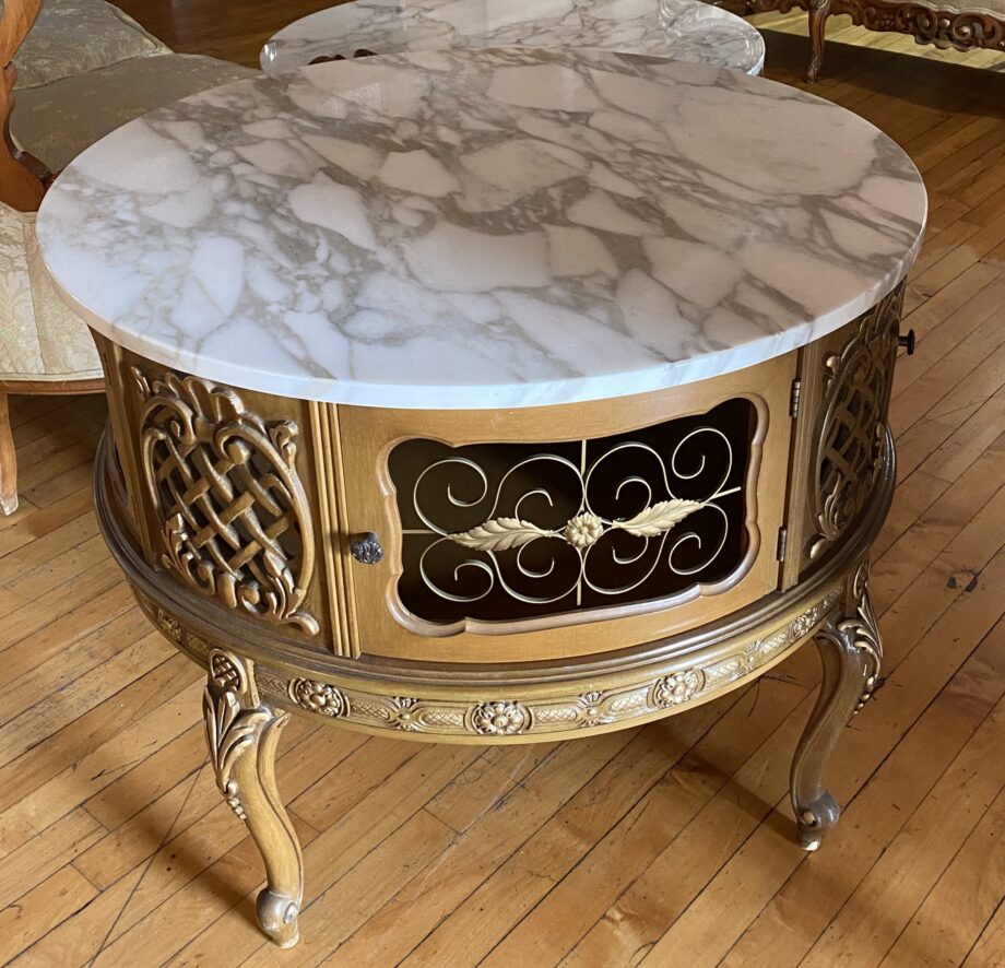 Marble Top Carved Wood w Painted Accents Side Table w Storage