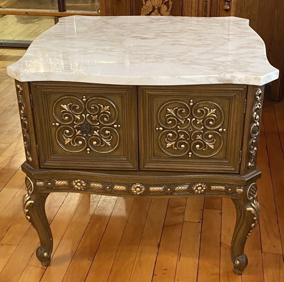 Marble Top Carved Wood w Painted Accents Side Tabel w Storage