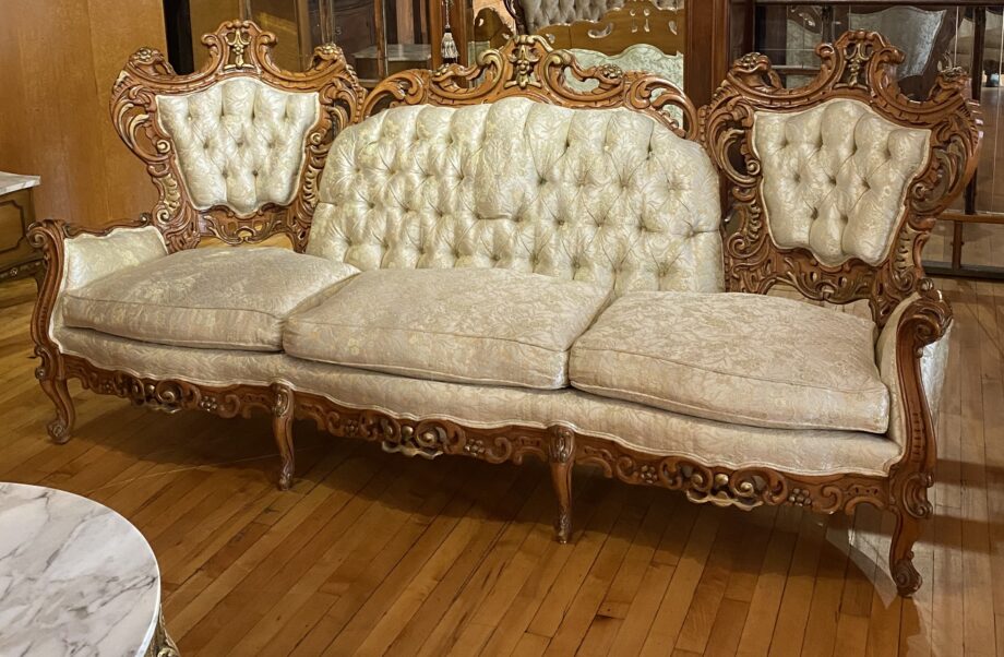 Queen Ann Style Couch w Carved Wood Accents