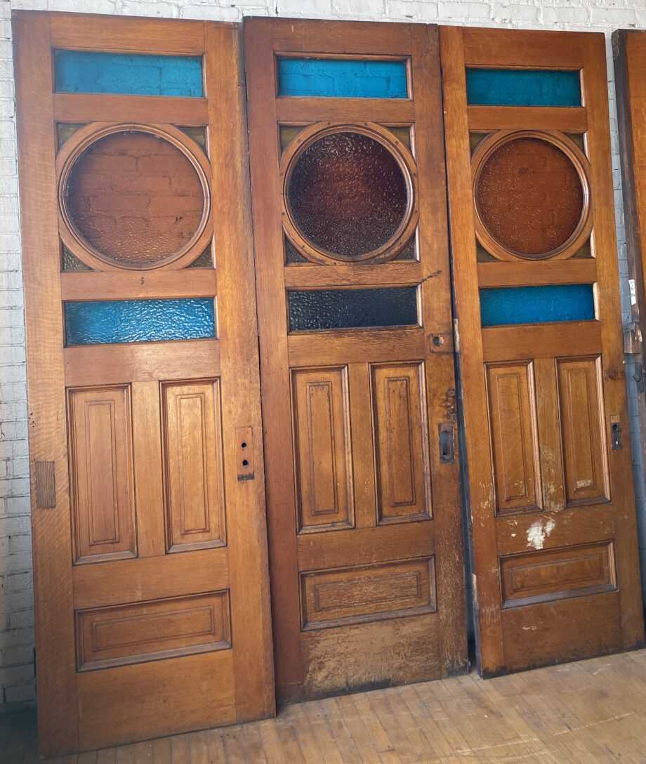 Large 3 Panel Swing Door w Stained Glass Circle and Rectangles