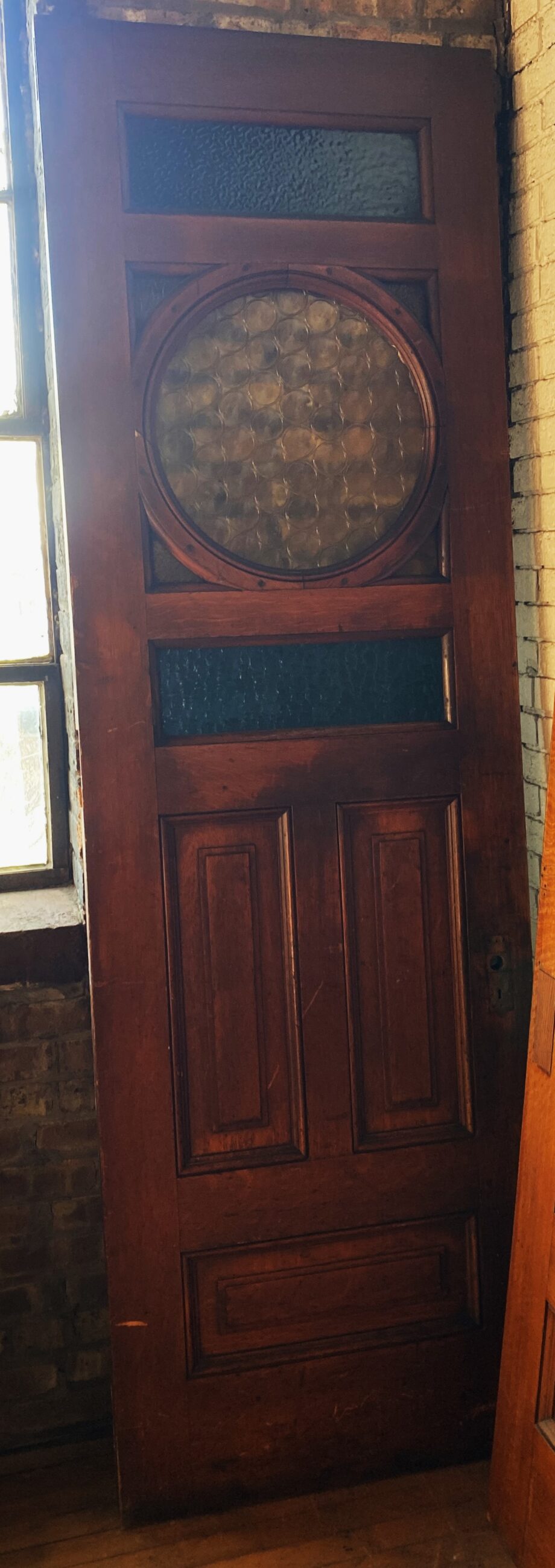 Large Swing Door w Stained Bottle Glass Circle and Rectangles