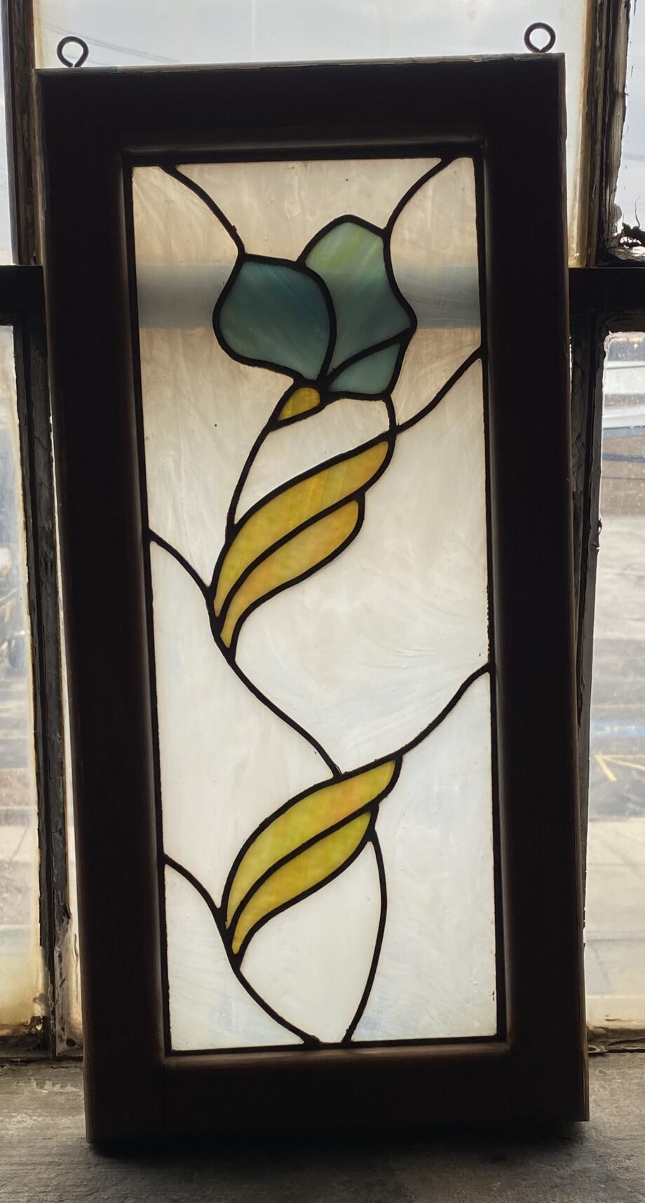 Blue Grey and Green Stained Glass w Flower