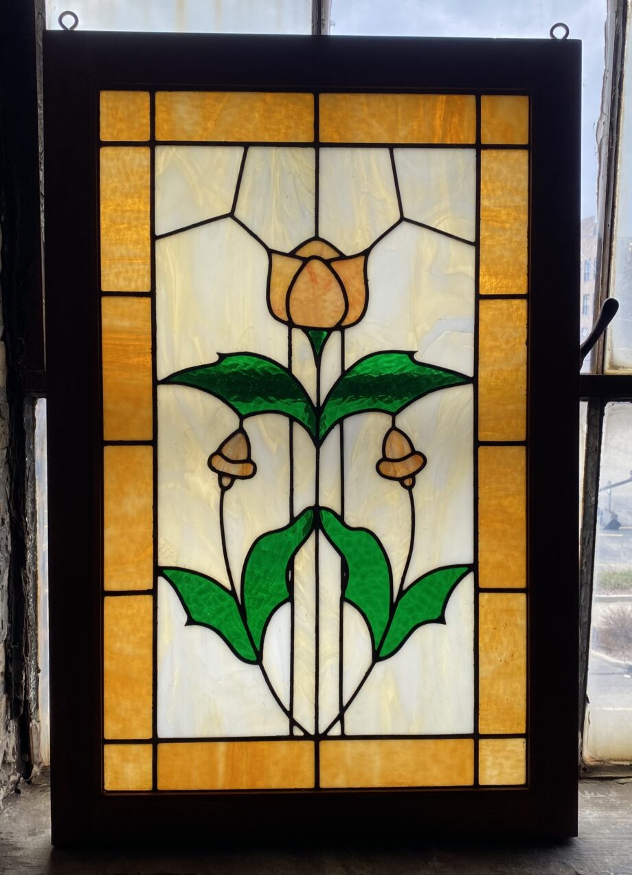 Gold Green and Ivory Stained Glass w Tulip Leaves and Acorn