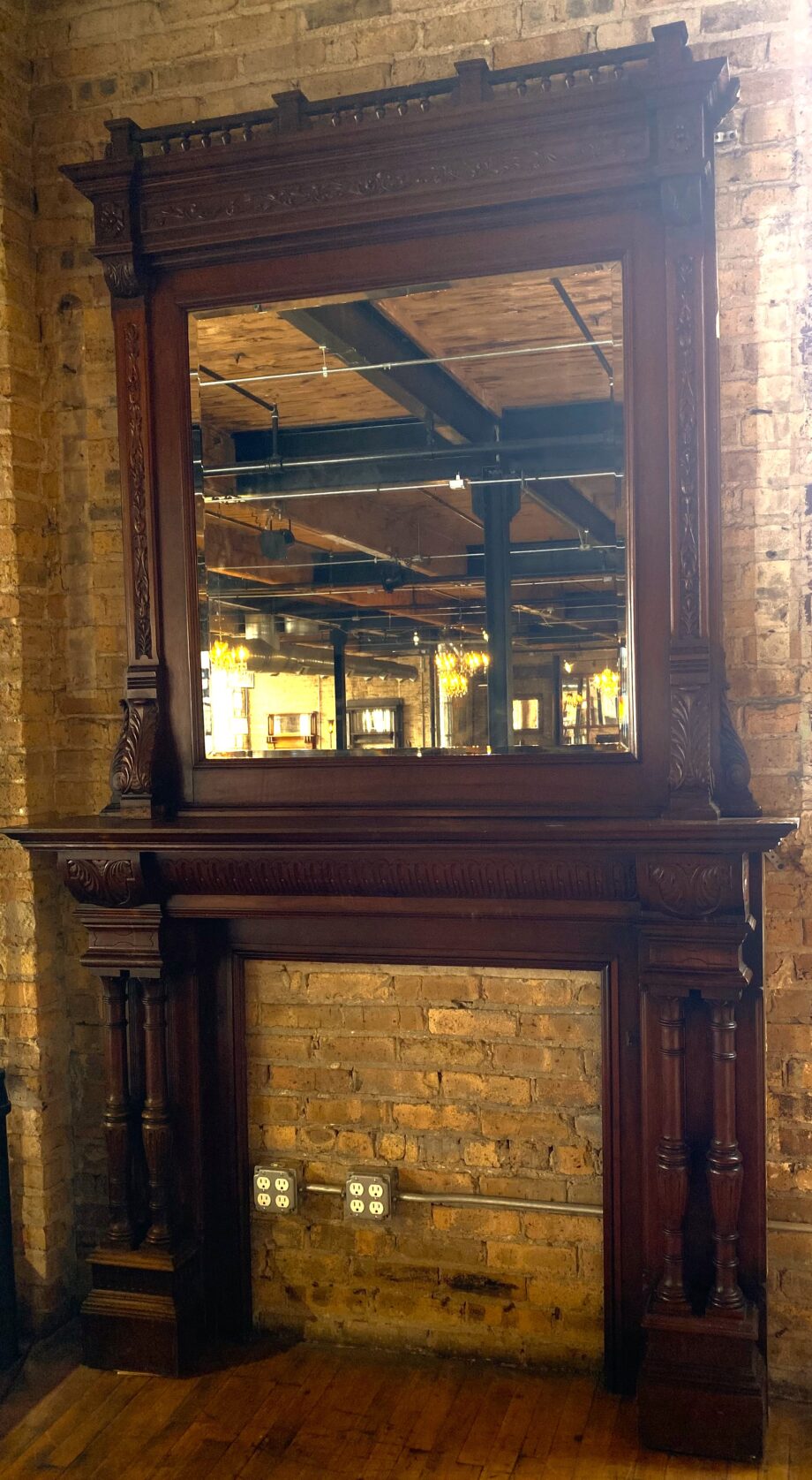 Large Dark Wood Full Mantel w Mirror and Ornate Carvings