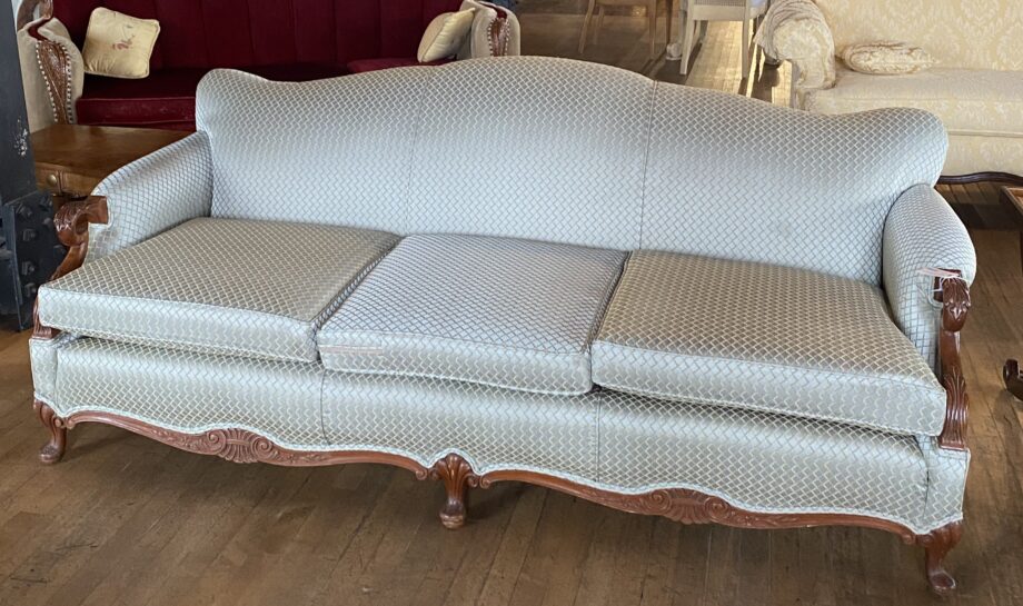 Light Blue Sofa w Wood Carved Arms