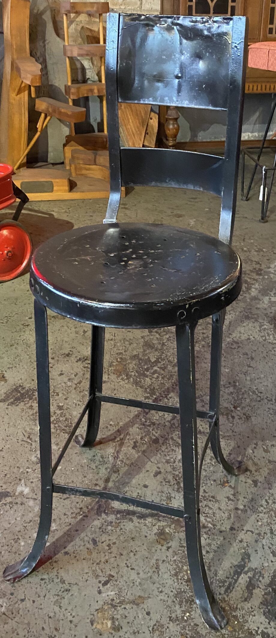 High Back Black Round Steel Vintage Stool