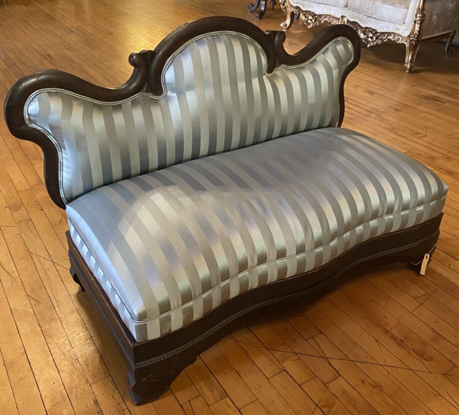 Striped Teal and Silver Loveseat w Dark Wood Trim